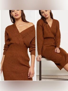 Modern Citizen Esther long-sleeve V-neck midi sweater dress Rust M